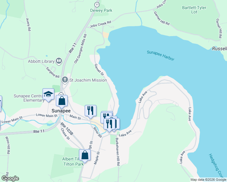 map of restaurants, bars, coffee shops, grocery stores, and more near 55 Garnet Street in Sunapee