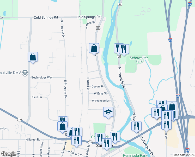 map of restaurants, bars, coffee shops, grocery stores, and more near 114 Devon Street in Saukville