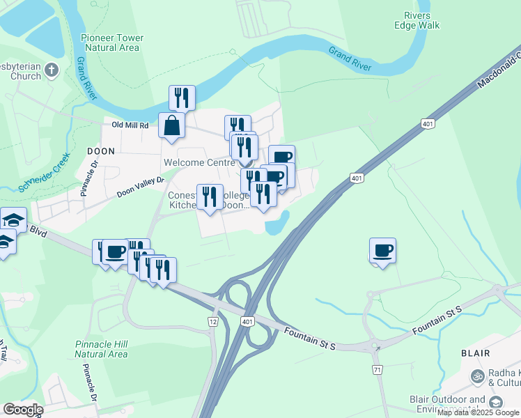 map of restaurants, bars, coffee shops, grocery stores, and more near 299 Doon Valley Drive in Kitchener