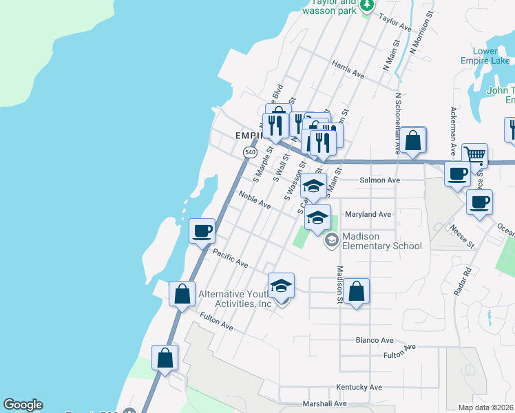 map of restaurants, bars, coffee shops, grocery stores, and more near 330 South Wasson Street in Coos Bay