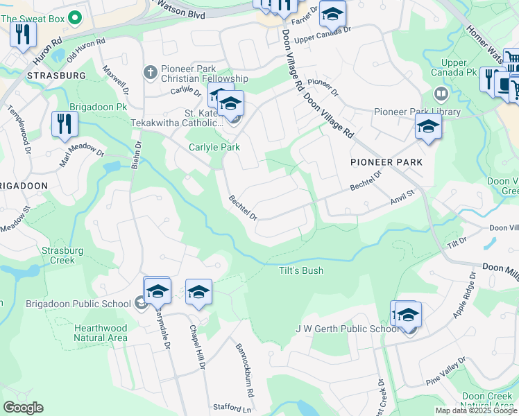 map of restaurants, bars, coffee shops, grocery stores, and more near 11 Wheatfield Crescent in Kitchener