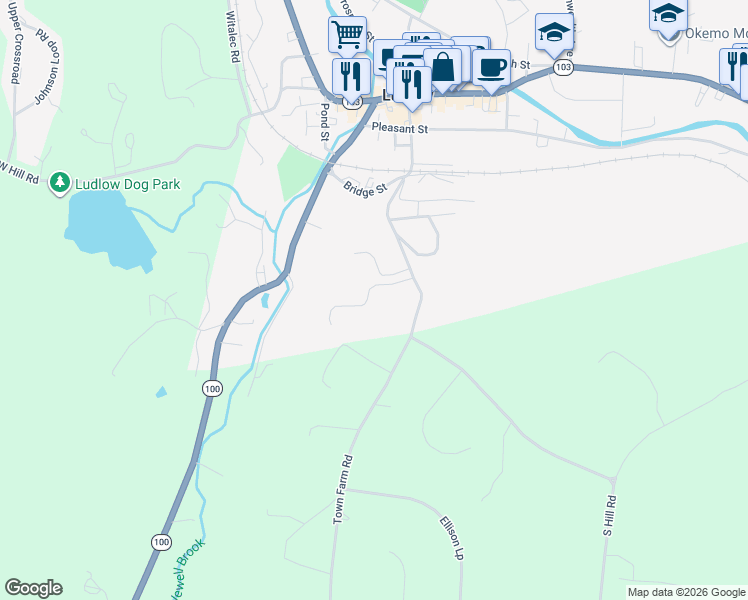 map of restaurants, bars, coffee shops, grocery stores, and more near 44 South Hill Road in Ludlow