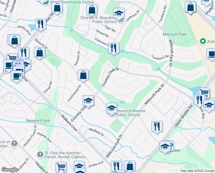map of restaurants, bars, coffee shops, grocery stores, and more near 4143 Arbourfield Drive in Burlington