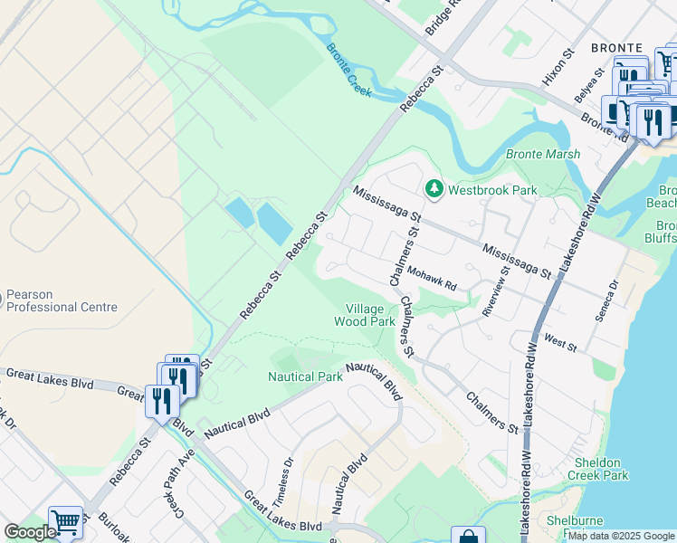 map of restaurants, bars, coffee shops, grocery stores, and more near 254 Wynford Place in Oakville