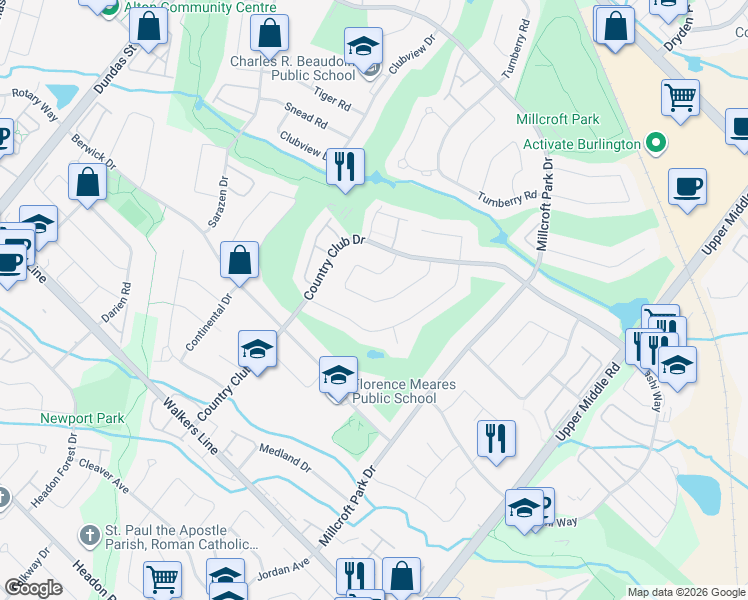 map of restaurants, bars, coffee shops, grocery stores, and more near 4167 Arbourfield Drive in Burlington