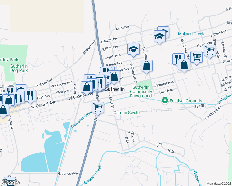 map of restaurants, bars, coffee shops, grocery stores, and more near 174 East Everett Avenue in Sutherlin