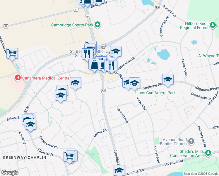 map of restaurants, bars, coffee shops, grocery stores, and more near 970 Franklin Boulevard in Cambridge