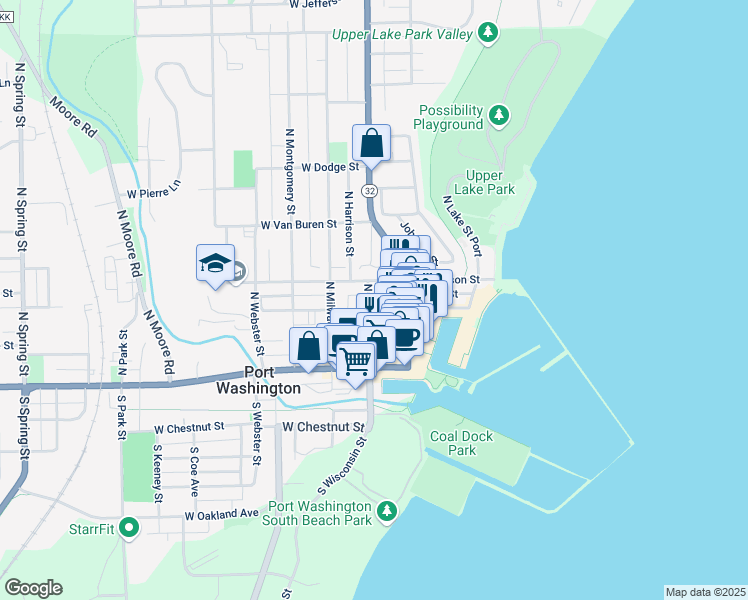 map of restaurants, bars, coffee shops, grocery stores, and more near 114 East Main Street in Port Washington