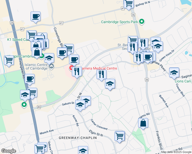 map of restaurants, bars, coffee shops, grocery stores, and more near 863 Elgin Street North in Cambridge