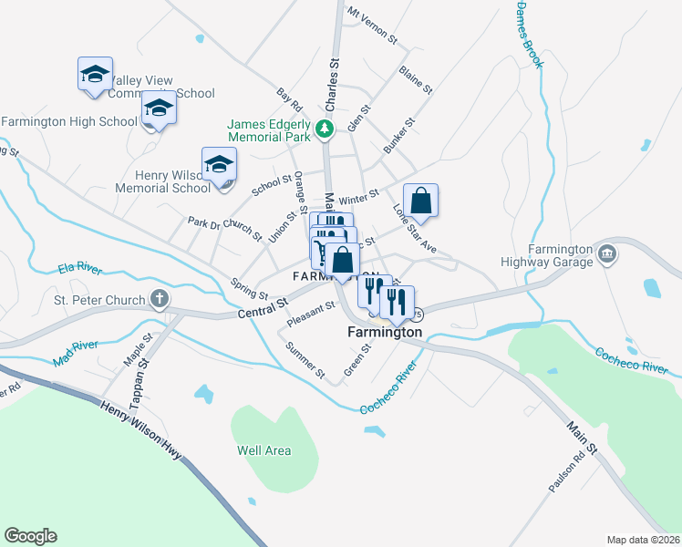 map of restaurants, bars, coffee shops, grocery stores, and more near 445 Main Street in Farmington