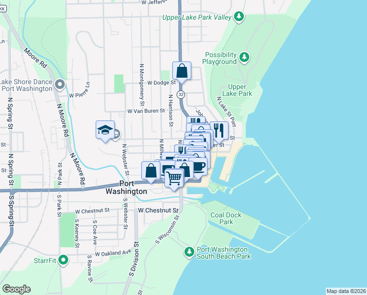 map of restaurants, bars, coffee shops, grocery stores, and more near 101 East Pier Street in Port Washington