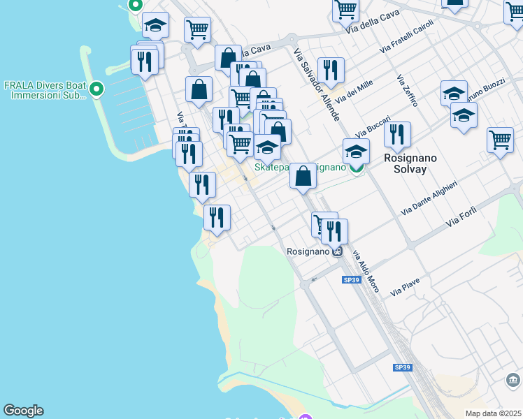 map of restaurants, bars, coffee shops, grocery stores, and more near 36 Via Umberto Terracini in Rosignano Solvay-Castiglioncello