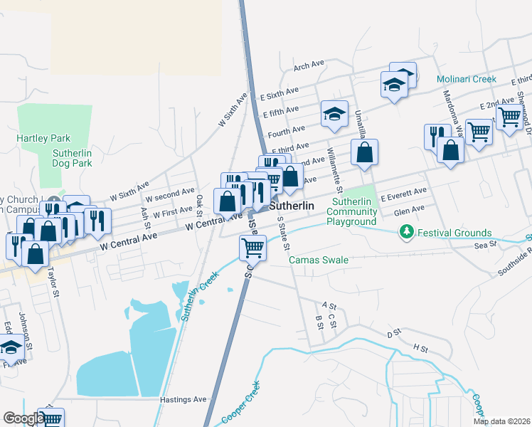 map of restaurants, bars, coffee shops, grocery stores, and more near 112 West Central Avenue in Sutherlin