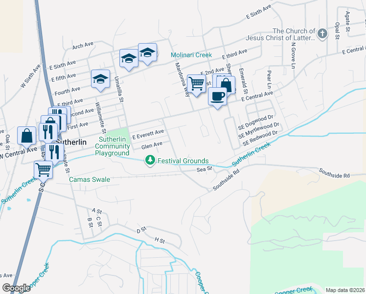 map of restaurants, bars, coffee shops, grocery stores, and more near 323 Easy Street in Sutherlin