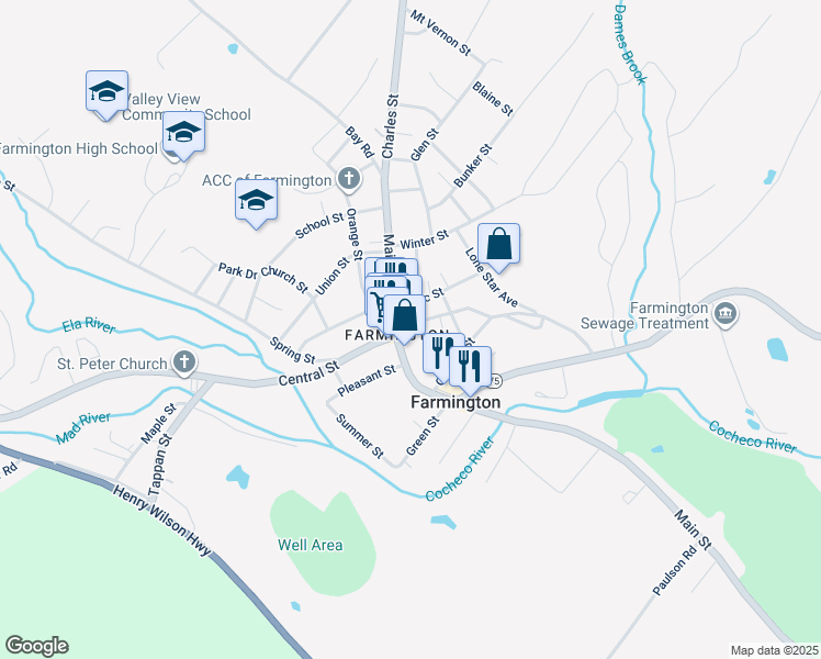 map of restaurants, bars, coffee shops, grocery stores, and more near 12 Mechanic Street in Farmington