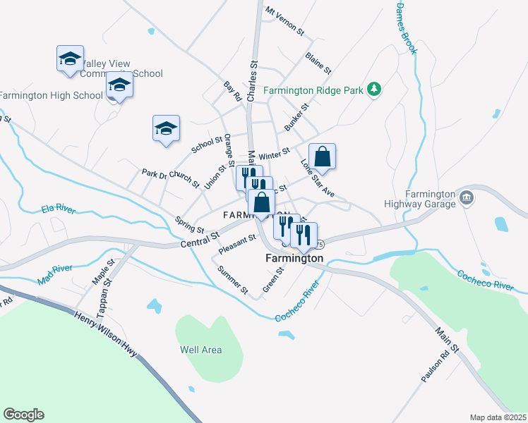 map of restaurants, bars, coffee shops, grocery stores, and more near 12 Mechanic Street in Farmington