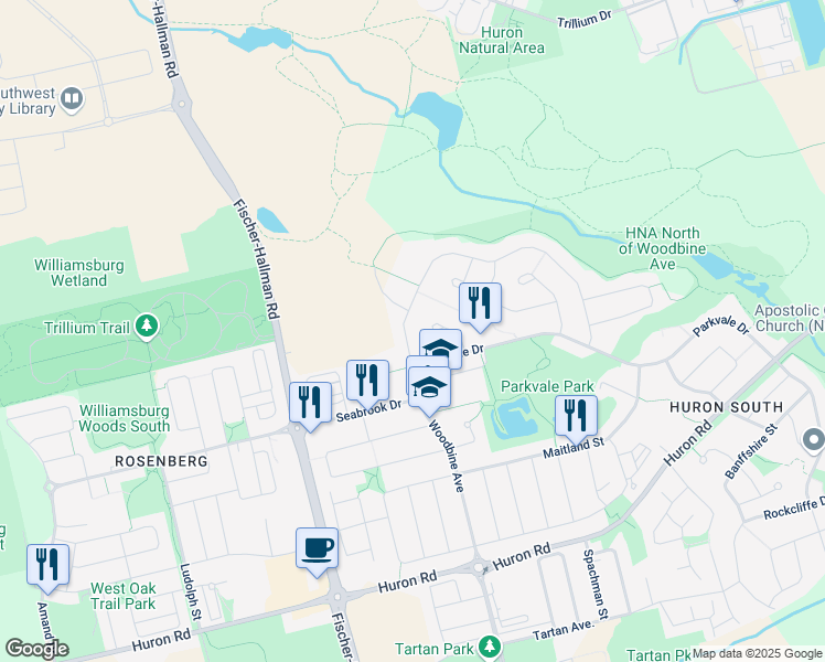 map of restaurants, bars, coffee shops, grocery stores, and more near 948 Parkvale Court in Kitchener