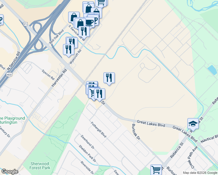 map of restaurants, bars, coffee shops, grocery stores, and more near 3449 Superior Court in Oakville