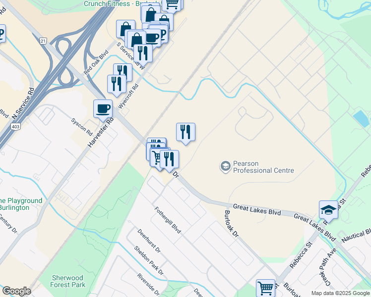 map of restaurants, bars, coffee shops, grocery stores, and more near 3449 Superior Court in Oakville