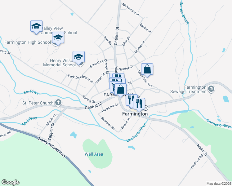 map of restaurants, bars, coffee shops, grocery stores, and more near 456 Main Street in Farmington
