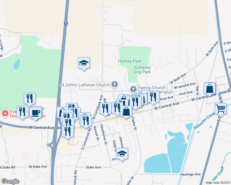 map of restaurants, bars, coffee shops, grocery stores, and more near 1101 West 6th Avenue in Sutherlin