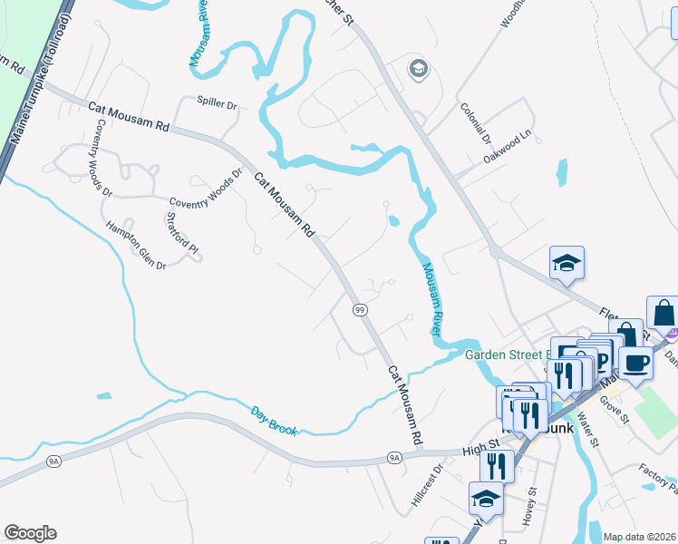 map of restaurants, bars, coffee shops, grocery stores, and more near 250 Cat Mousam Road in Kennebunk