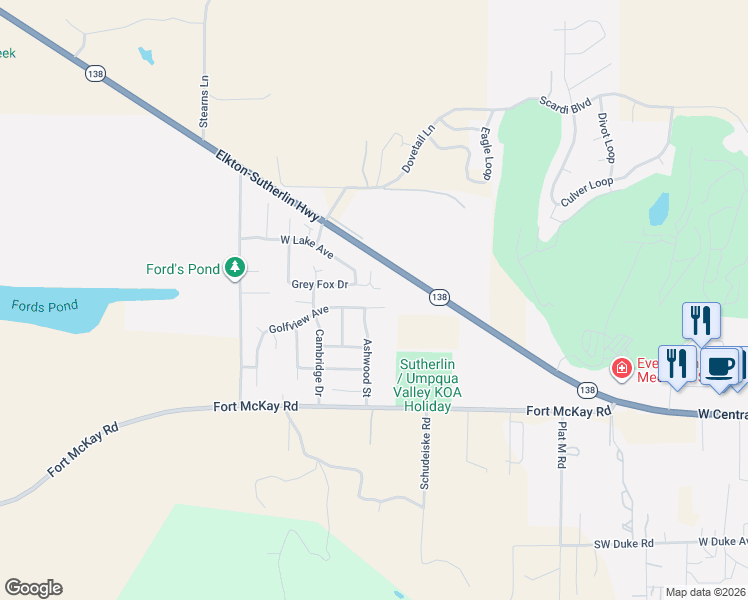 map of restaurants, bars, coffee shops, grocery stores, and more near 2561 Golfview Avenue in Sutherlin