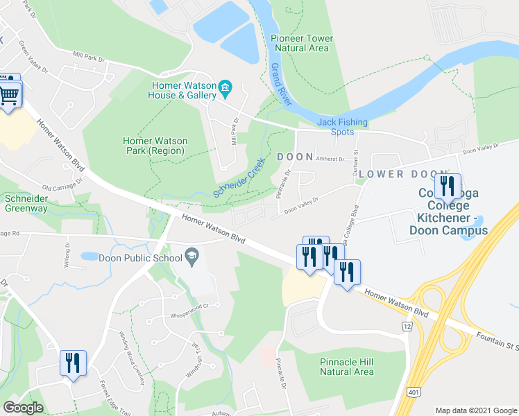 map of restaurants, bars, coffee shops, grocery stores, and more near 100 Pinnacle Drive in Kitchener