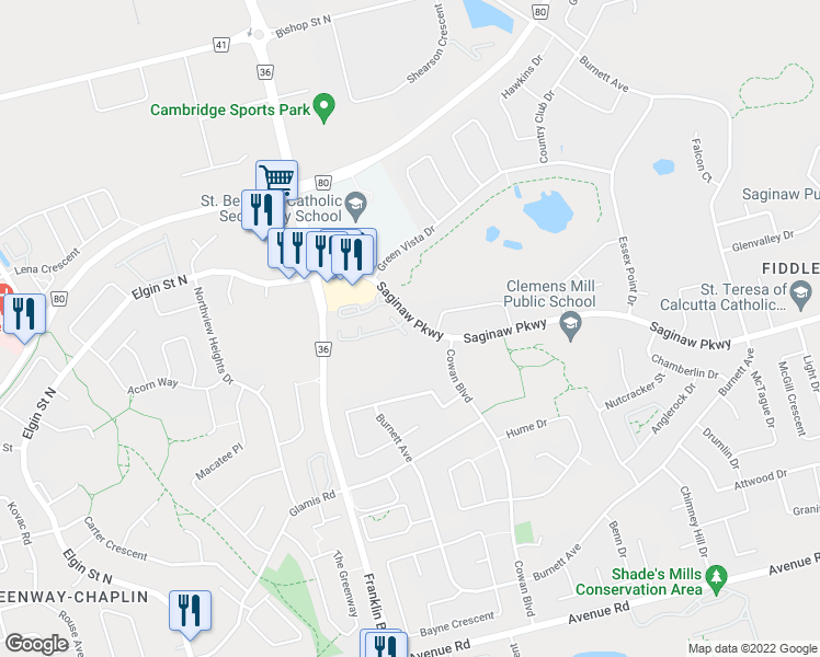 map of restaurants, bars, coffee shops, grocery stores, and more near 235 Saginaw Parkway in Cambridge