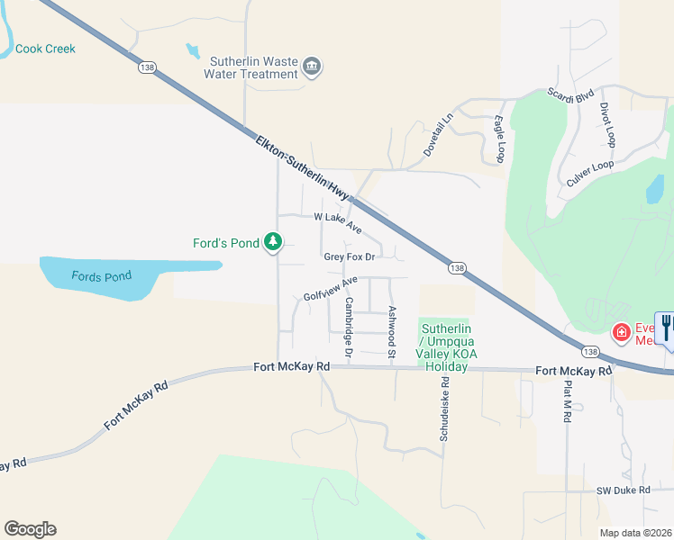 map of restaurants, bars, coffee shops, grocery stores, and more near 231 Cambridge Drive in Sutherlin