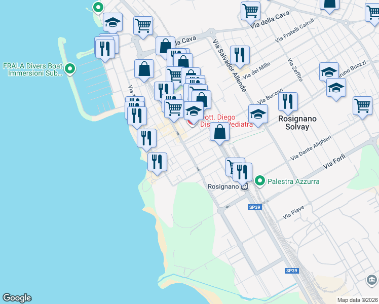 map of restaurants, bars, coffee shops, grocery stores, and more near 20 via Cavour in Rosignano Solvay-Castiglioncello