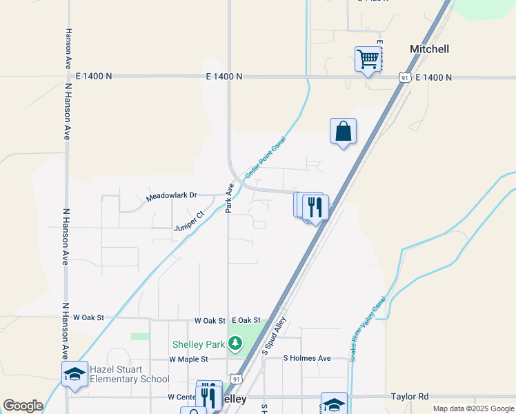 map of restaurants, bars, coffee shops, grocery stores, and more near 101 Ruby Circle in Shelley
