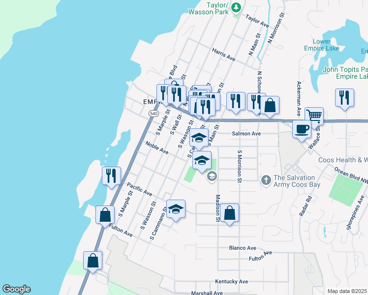 map of restaurants, bars, coffee shops, grocery stores, and more near 206 South Wasson Street in Coos Bay