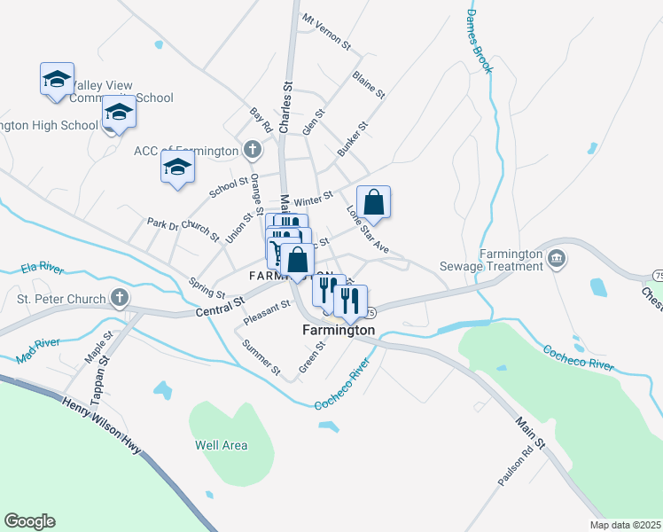 map of restaurants, bars, coffee shops, grocery stores, and more near 11 Crowley Street in Farmington
