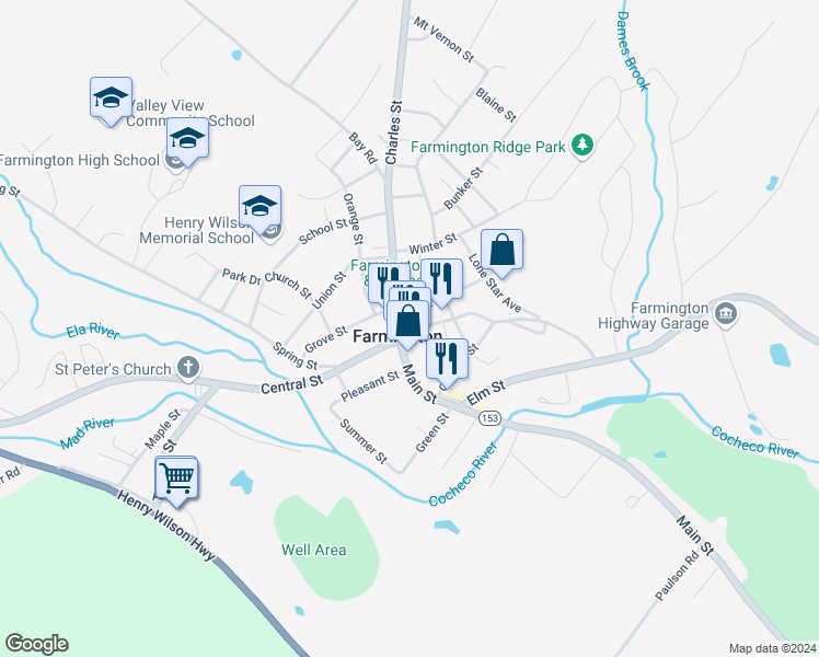 map of restaurants, bars, coffee shops, grocery stores, and more near 12 Mechanic Street in Farmington