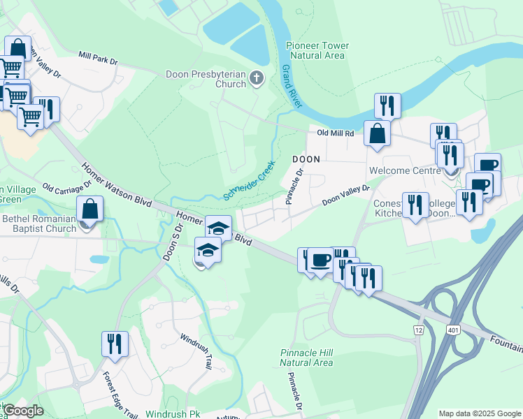 map of restaurants, bars, coffee shops, grocery stores, and more near 100 Pinnacle Drive in Kitchener