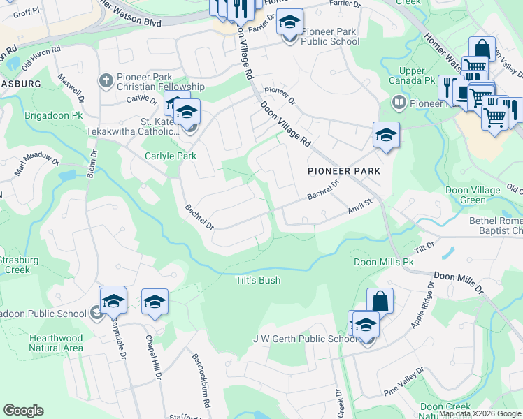 map of restaurants, bars, coffee shops, grocery stores, and more near 146 Bechtel Drive in Kitchener