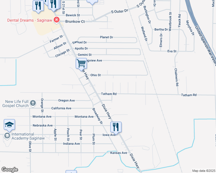 map of restaurants, bars, coffee shops, grocery stores, and more near 3519 Snowy Lane in Saginaw