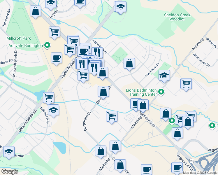 map of restaurants, bars, coffee shops, grocery stores, and more near 1800 Appleby Line in Burlington