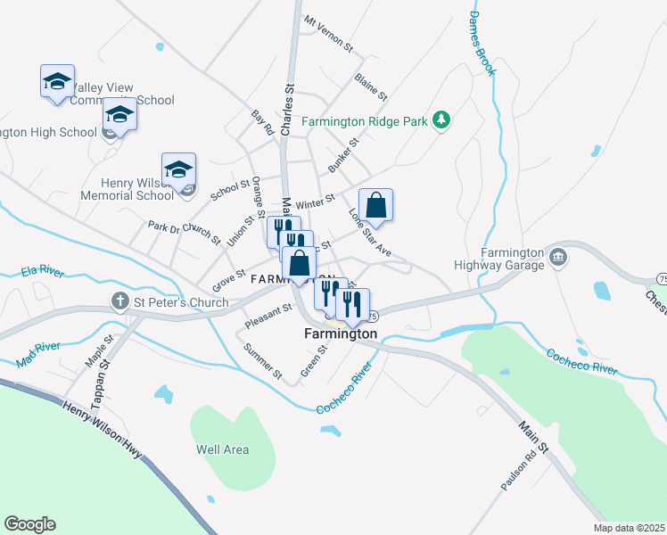 map of restaurants, bars, coffee shops, grocery stores, and more near 11 Crowley Street in Farmington