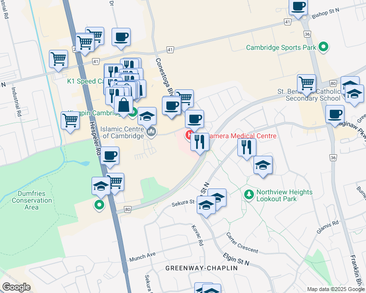 map of restaurants, bars, coffee shops, grocery stores, and more near 350 Conestoga Boulevard in Cambridge