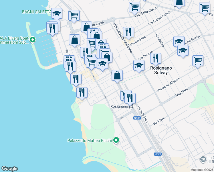 map of restaurants, bars, coffee shops, grocery stores, and more near 29 Via Monte alla Rena in Rosignano Solvay-Castiglioncello