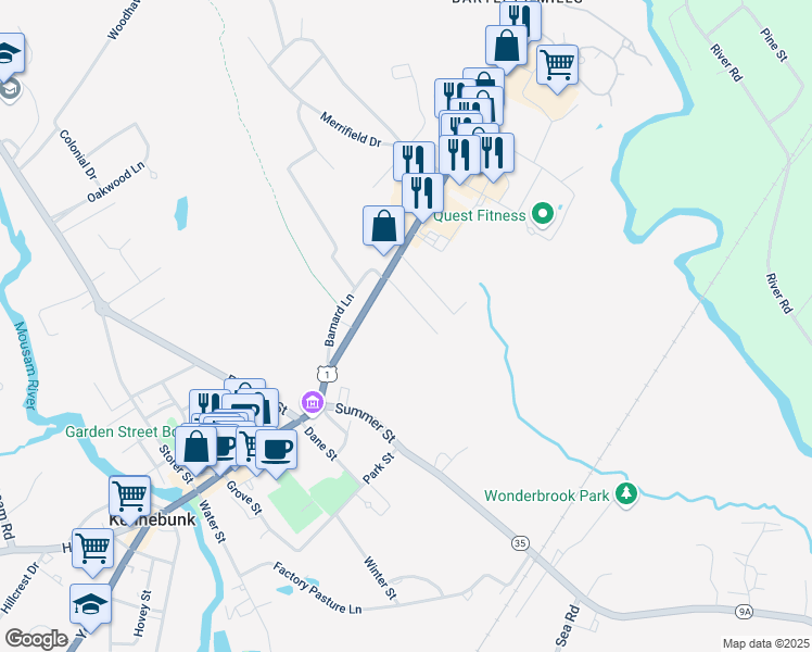 map of restaurants, bars, coffee shops, grocery stores, and more near 8 Penny Lane in Kennebunk