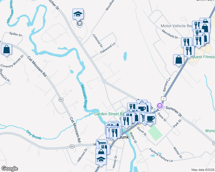 map of restaurants, bars, coffee shops, grocery stores, and more near 53 Fletcher Street in Kennebunk