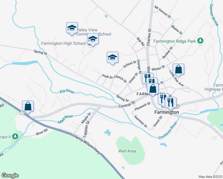 map of restaurants, bars, coffee shops, grocery stores, and more near 8 Rand Street in Farmington