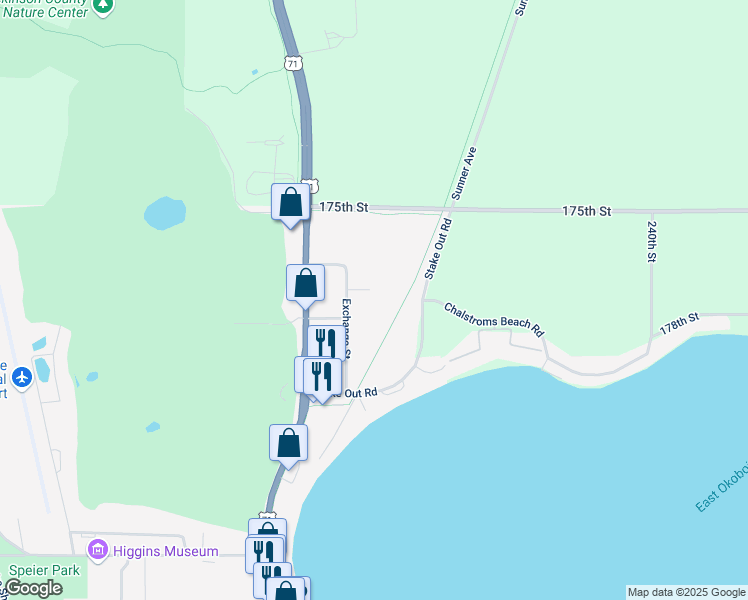 map of restaurants, bars, coffee shops, grocery stores, and more near Great Lakes Spine Trail in Okoboji