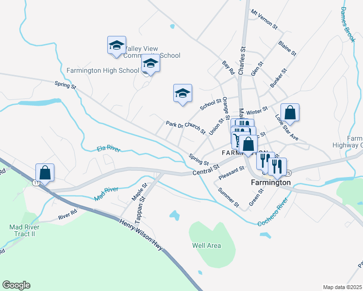 map of restaurants, bars, coffee shops, grocery stores, and more near 8 Rand Street in Farmington