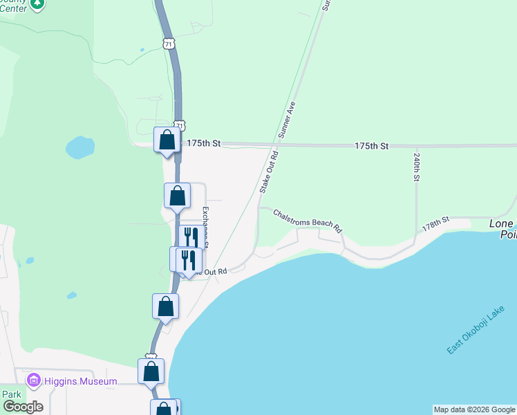 map of restaurants, bars, coffee shops, grocery stores, and more near Stake Out Road in Okoboji