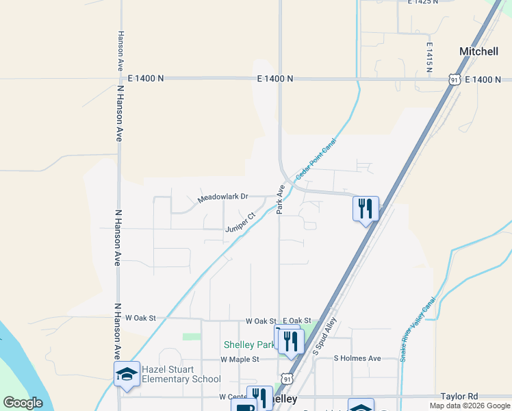 map of restaurants, bars, coffee shops, grocery stores, and more near 145 Meadowlark Dr in Shelley