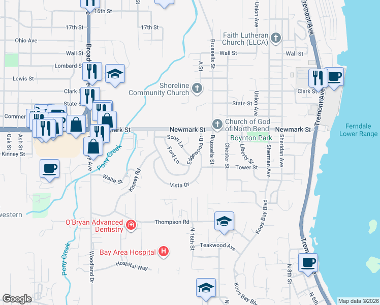 map of restaurants, bars, coffee shops, grocery stores, and more near 3550 Edgewood Drive in North Bend